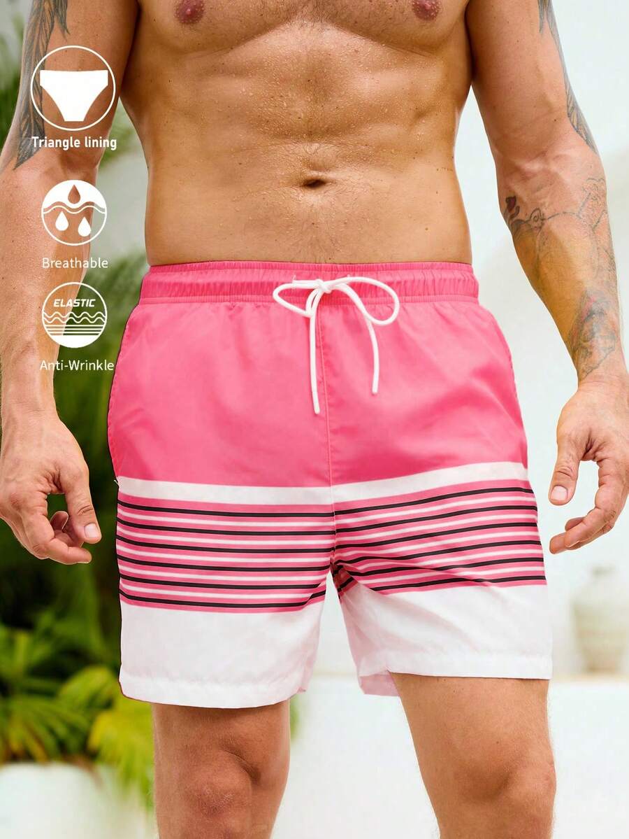 Manfinity KASUA Men's Colorblock Print Casual Beach Shorts - Watermelon Pink - View 1