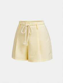EMERY ROSE Women's Casual Linen Waist Rope Decor Discounted Detail Relaxed Vacation Spring/Summer Basic Shorts - Light Yellow - View 7