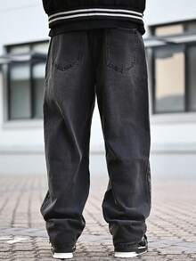 Devon Thys 1 件装男士宽松破洞牛仔休闲阔腿牛仔裤，韩版/日系风格 - 黑色 - 查看 4