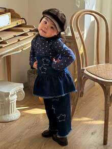 DAZY Toddler Girls' Denim Overalls With Star Applique 2 Pieces Set - Blue - View 7