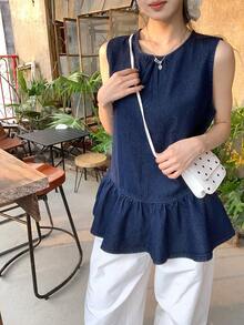 DAZY Áo kiểu denim nữ Hàn Quốc thanh lịch, hở lưng, khoét lỗ, không tay, dáng rộng, thích hợp cho mùa hè. - Màu xanh lam - Xem 7