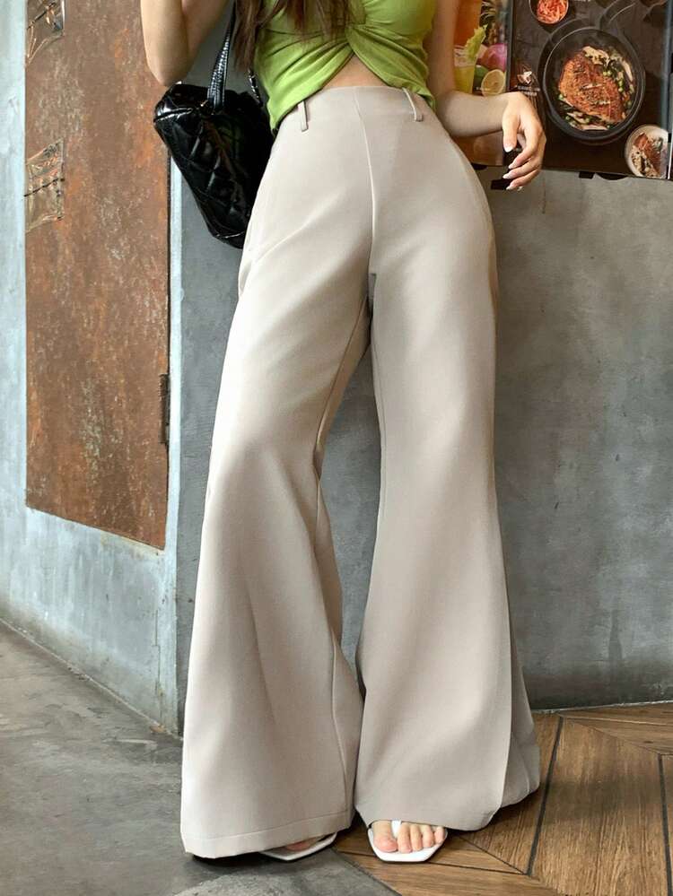 Women's Elegant Solid Color Pocket Loose Pants, Suitable For Daily Commute
