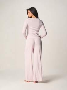 MISSGUIDED 罗纹针织长袖纽扣前开襟露脐上衣和阔腿裤睡衣套装 - 粉色 - 查看 2