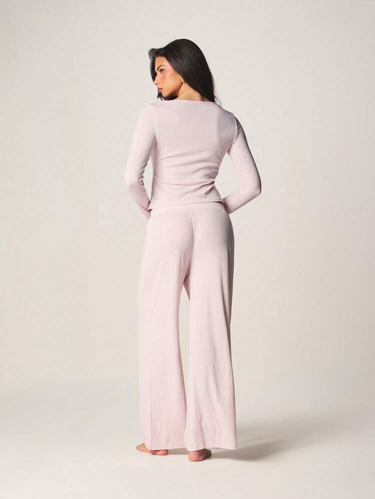 MISSGUIDED Ribbed Pointelle Knit Long Sleeve Button Front Crop Top And Wide Leg Palazzo Pants Pajama Sleep Set