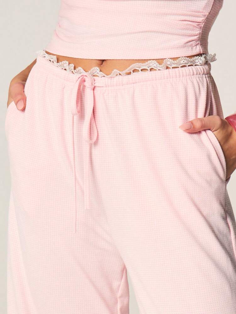 MISSGUIDED Ruffle Trim Wide Leg Palazzo Pants With Drawstring Waist And Decorative Waistband Detail