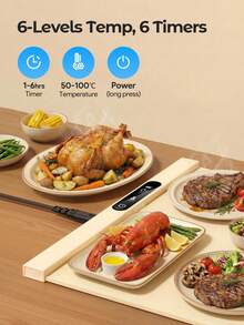 Teckwe 电加热砧板食物保温盘 | 带耐热垫的食物保温垫，10秒快速加热，24x15英寸，5档温度，4个定时器，儿童锁，自助餐食物保温器 - 美规插头 - 美規A型插(110-127V) - 查看 3