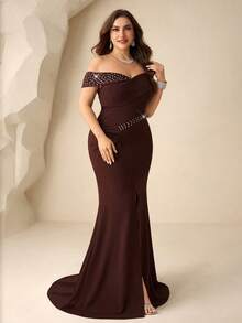 Coutiva Vestido de noche formal elegante con hombros descubiertos y abertura, para tallas grandes - Marrón - Ver 5