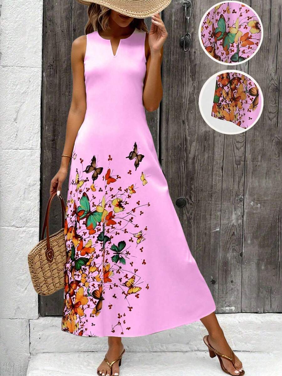 EMERY ROSE Summer Casual Butterfly Print Notched Neck Sleeveless Dress Maxi Women Outfit - Baby Pink - View 1