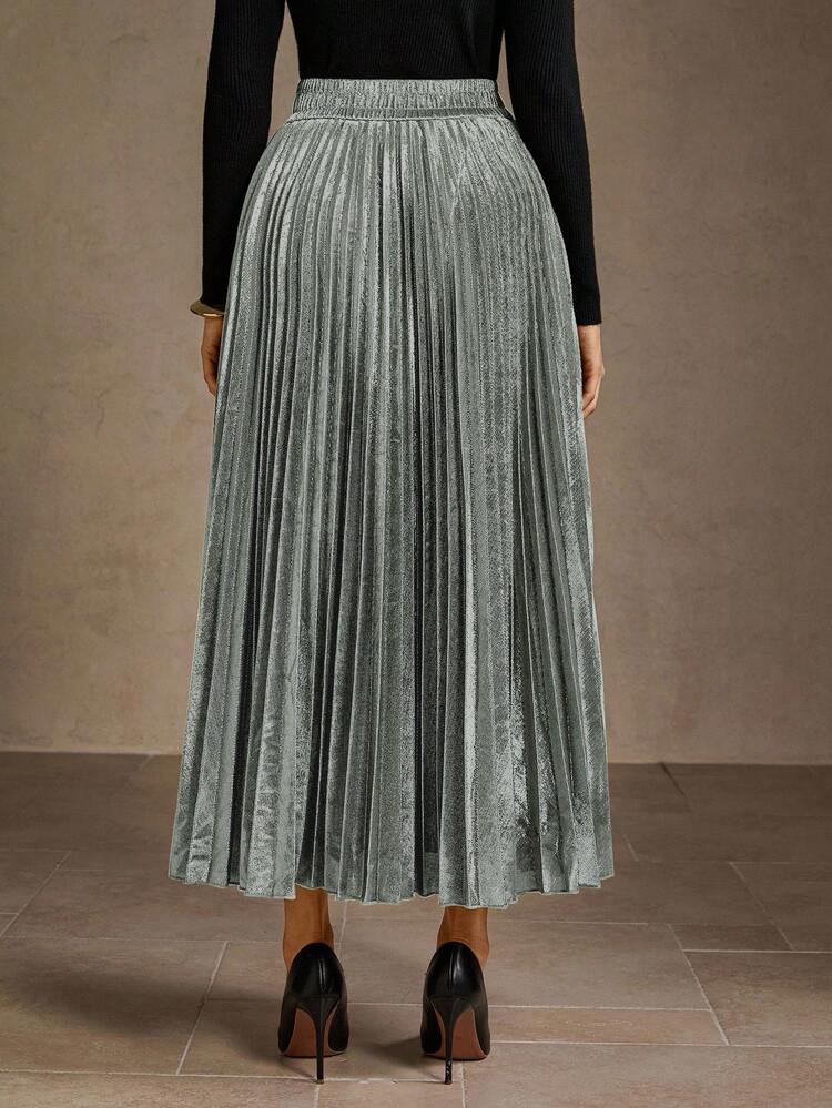 WOMEN'S VINTAGE METALLIC PLEATED ELASTIC HIGH WAIST A-LINE SKIRT