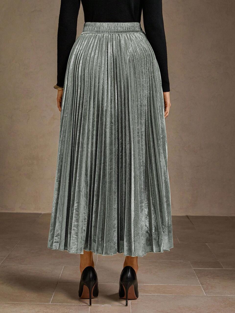 WOMEN'S VINTAGE METALLIC PLEATED ELASTIC HIGH WAIST A-LINE SKIRT