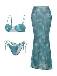 Bonvoyette 女士扎染绿色吊带性感露背三件套比基尼泳装，适合度假和海滩穿着 - 墨綠色 - 查看 4
