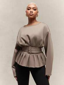 Vixey Women's Solid Drop Shoulder Pleated Peplum Belted Cocoon Sleeve Top - Brown - View 5