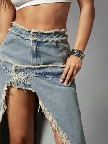 Denimoi Stacked Waist High Slit Denim Skirt Frayed Hem Skirt Fashionable Streetwear Sexy Skirts - Light Wash - View 2
