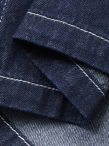 FRIFUL 女士立领口袋撞色缝线设计宽松休闲牛仔夹克外套 - 藍色 - 查看 9