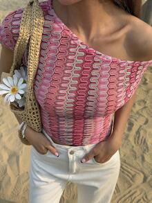 Livesso Women's Casual Asymmetric Collar Striped Blouse, Summer - Pink - View 5