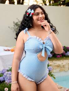 Swim Mod 大码女士条纹印花两件套系带连体泳衣，度假沙滩装 - 彩色 - 查看 5