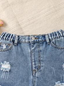 SHEIN Tween Girls' Light Blue Distressed Frayed Elastic Waist Simple Casual Washed Denim Shorts - Baby Blue - View 3