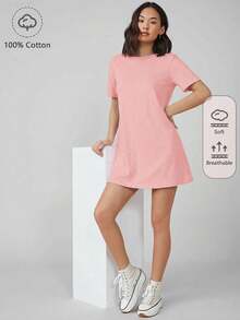 SHEIN BASICS 休闲纯色短袖连衣裙，夏季 - 藕粉色 - 查看 9