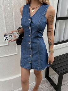 DAZY Đầm denim ngắn không tay cổ chữ V, kiểu dáng thanh lịch, thường ngày dành cho nữ, thích hợp cho mùa hè. - Rửa trung bình - Xem 3