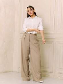 Criza Taa 超宽腿褶裥西装套装，仅含可爱约会之夜、外出夜游、工作、办公室、冬季派对、优雅情人节及春季穿着的裤子。 - 卡其色 - 查看 1