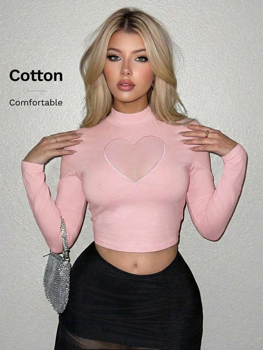 Sweetina Y2k Black Mock Neck Heart Mesh Insert Club Crop Tee - Pink - View 1