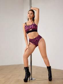 SHEIN Cheerettes Women's Leopard Print Hollow-Out Design Bra, Other Dance Wear - Purple - View 6