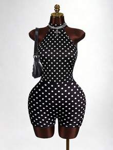 Mistrie 女士波点印花紧身吊带连体衣 可爱连体衣 女士波点连体衣 女士连体裤 性感女士连体衣 - 黑與白 - 查看 7