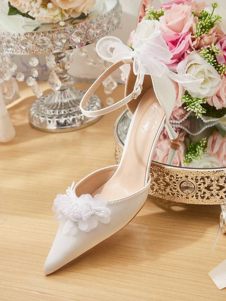 CUCCOO HITCHD Women Shoes Spring And Summer New Fairy Mesh Bow Pearl Flower Decoration Pointed Thin Heel Buckle 6cm Women's High Heel Shoes Gentle Elegance Satin Solid Color Banquet Dating Bridesmaid Shoes