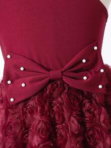 Glamorique Kids Girls' Elegant Wine Red Pearl Puff Sleeve Dress, Spring/Summer Oblique Shoulder Big Bow 3D Floral Hem Dress For Party, Birthday, Banquet - Burgundy - View 7