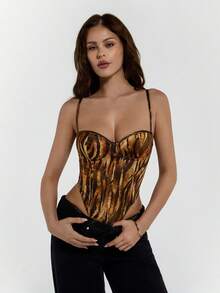 SHEIN ICON 夏季女士西部波西米亚嬉皮哥特风外出科切拉音乐会俱乐部动物纹性感时尚街头别致虎纹高开衩连体衣，夏季 - 彩色 - 查看 3