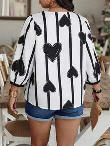 Weeklong Random Striped Heart Print Plus Size Women V-Neck Lantern Sleeve Blouse - Multicolor - View 2