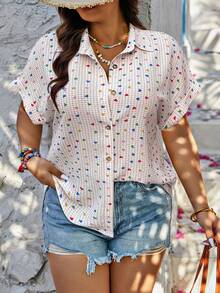 SHEIN LUNE 大码女式彩色爱心印花休闲度假衬衫，春夏款 - 彩色 - 查看 4