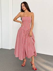 SHEIN PETITE 女士红色露肩格子舞会礼服 A 字无袖褶皱及踝正式晚礼服约会长裙太阳裙长款格纹连衣裙女士度假裙野餐裙,情人节 - 紅色 - 查看 13