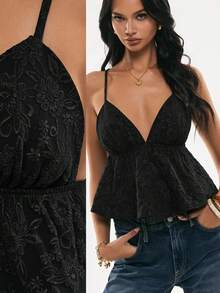 Poéselle 女士休闲度假纯色提花交叉露背吊带娃娃衫，夏季，情人节女士黑色上衣优雅上衣日常及约会之夜必备黑色夏季上衣黑色蕾丝上衣黑色性感上衣可爱黑色上衣娃娃衫女士黑色蕾丝上衣 - 黑色 - 查看 4