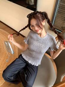 DAZY Women's Retro American Jersey Style Round Neck Ruched Slim Fit Graphic Print Short Sleeve T-Shirt - Grey - View 3