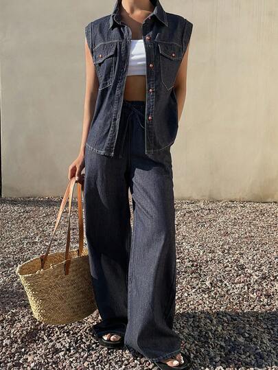 Livesso Women's Casual Denim Jumpsuit With Lapel Collar, Large Pockets And Pants