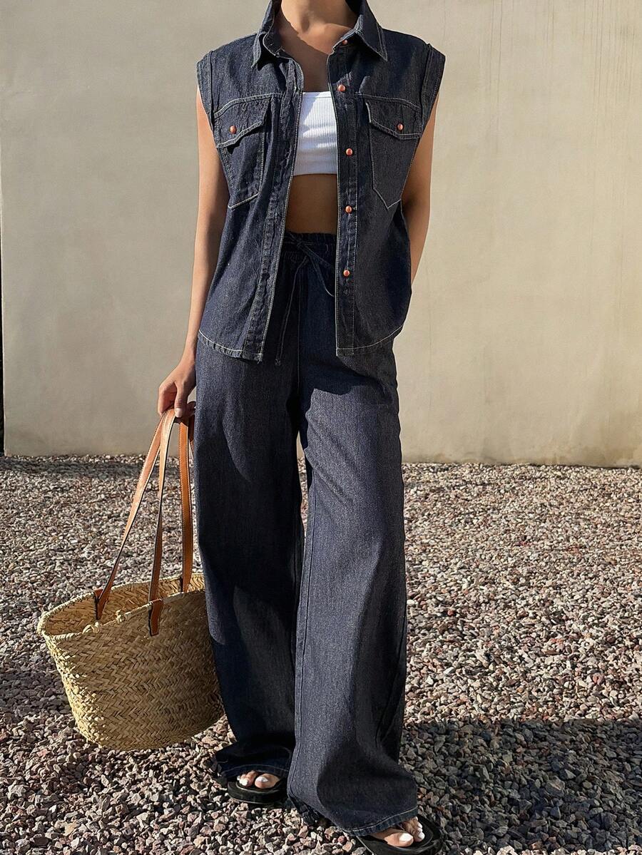 Livesso Women's Casual Denim Jumpsuit With Lapel Collar, Large Pockets And Pants - Blue - View 1