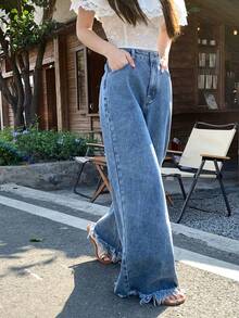 DAZY Women's Frayed Hem Korean Style Washed Casual Flare Leg Jeans - Blue - View 1