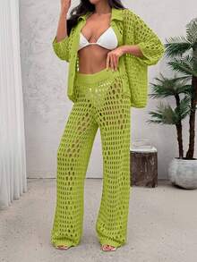 Women Hollow Out Cut Out Button Front Knit Shirt Top And Sweater Pant 2pcs Set Co-Ords Cover Up Beach Set - Green - View 5