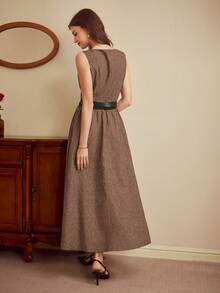 Vintamour Elegantes Vintage-Kleid für Damen, figurbetontes Bootausschnitt-Etuikleid mit ärmellos für Frühling/Sommer, in Grau, mit Taschen, Gürtel und ausgestelltem Saum, Langes Kleid - Braun - Übersicht 2