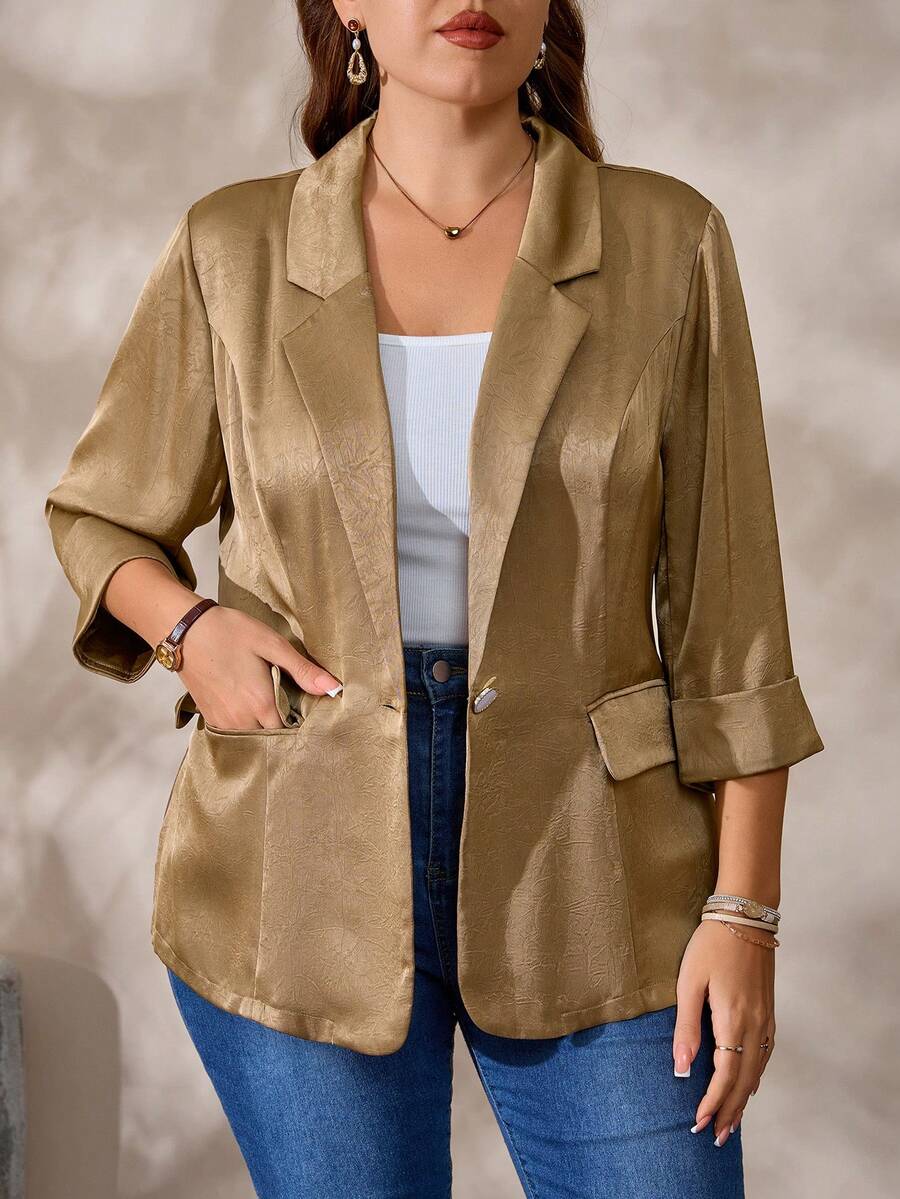 EMERY ROSE Blazer casual/trabalho de manga longa, de uma fileira, com colarinho entalhado, em cor sólida, para mulheres plus size - Caqui - Visão 1