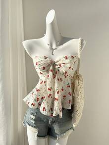 Elamini 女士纹理樱桃印花抹胸休闲上衣 - 彩色 - 查看 1