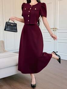 DAZY Women's Elegant Solid Color Textured Round Neck Puff Sleeve Faux Pocket Shirt And A-Line Skirt 2 Pieces Set, Summer - Burgundy - View 5
