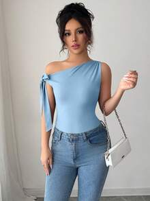 SHEIN PETITE 女士纯色不对称领口扭结系带优雅修身T恤 - 淺藍色 - 查看 6