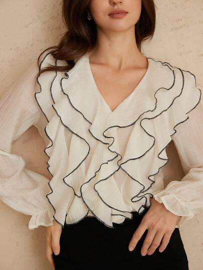 Aveloria Rosie New Arrival Elegant Ruffle V-Neck Long Sleeve Blouse