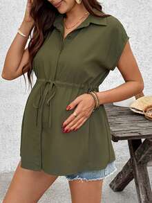 SHEIN 孕妇纯色单排扣抽绳腰蝙蝠袖休闲衬衫 - 軍綠色 - 查看 1