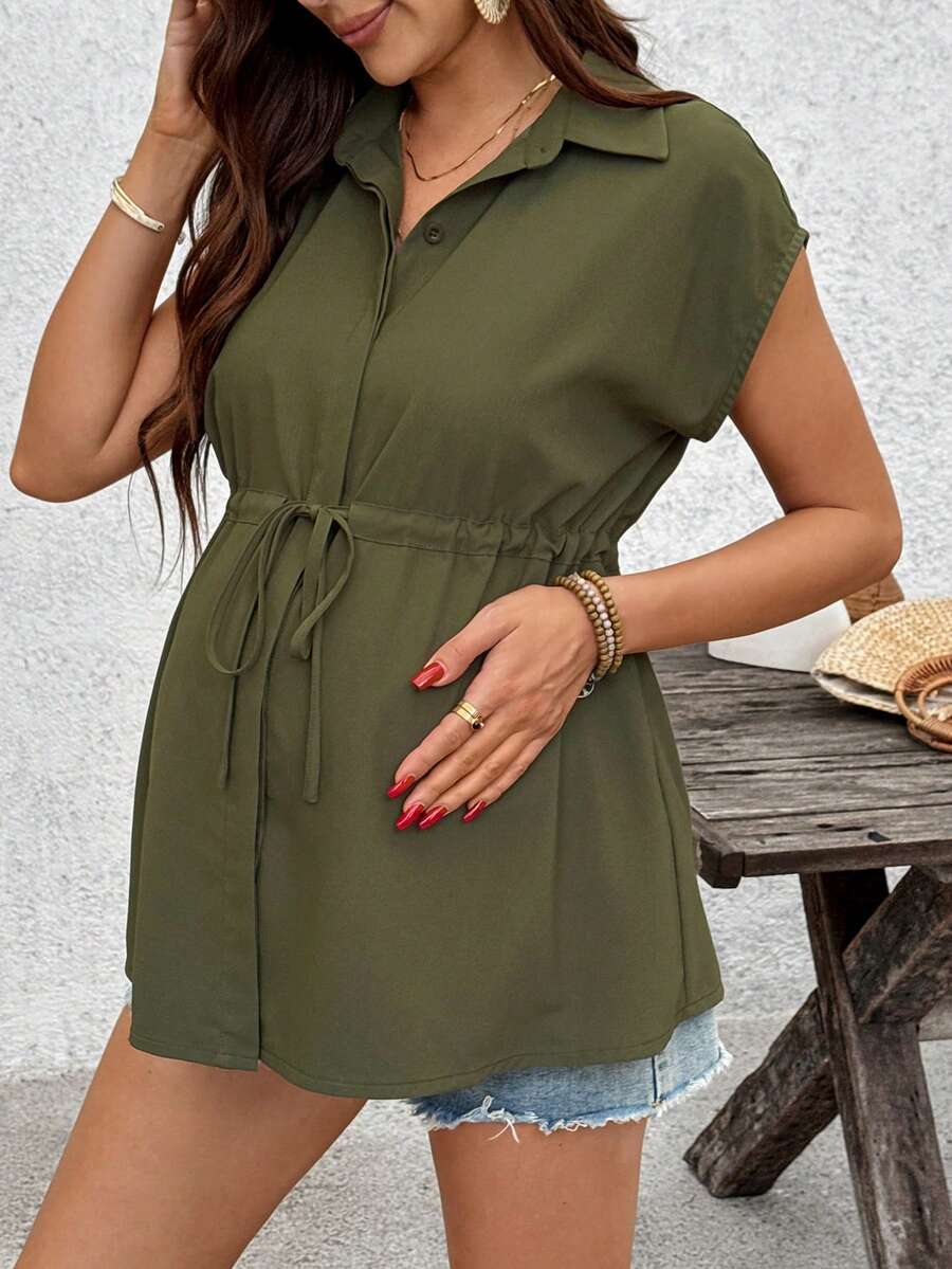 SHEIN 孕妇纯色单排扣抽绳腰蝙蝠袖休闲衬衫 - 軍綠色 - 查看 1