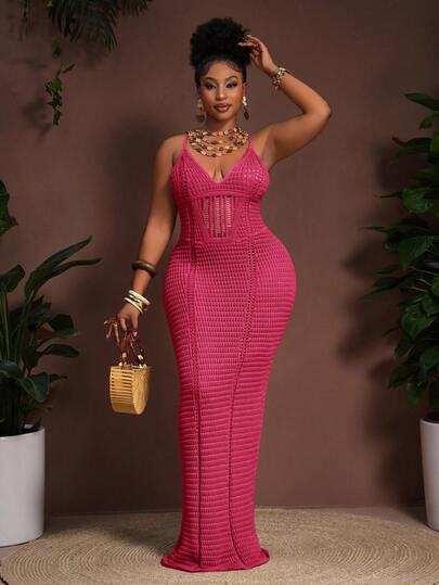 Slaydiva 2025 Spring/Summer New Bohemian Vacation Casual Party Khaki Knit Waist Hollow Sheer Camisole Dress, Plus Size