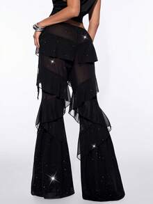 SHEIN ICON Shiny Chiffon Fabric Multi-Layered Ruffle Hem Low Waist Women's Pants - Black - View 2