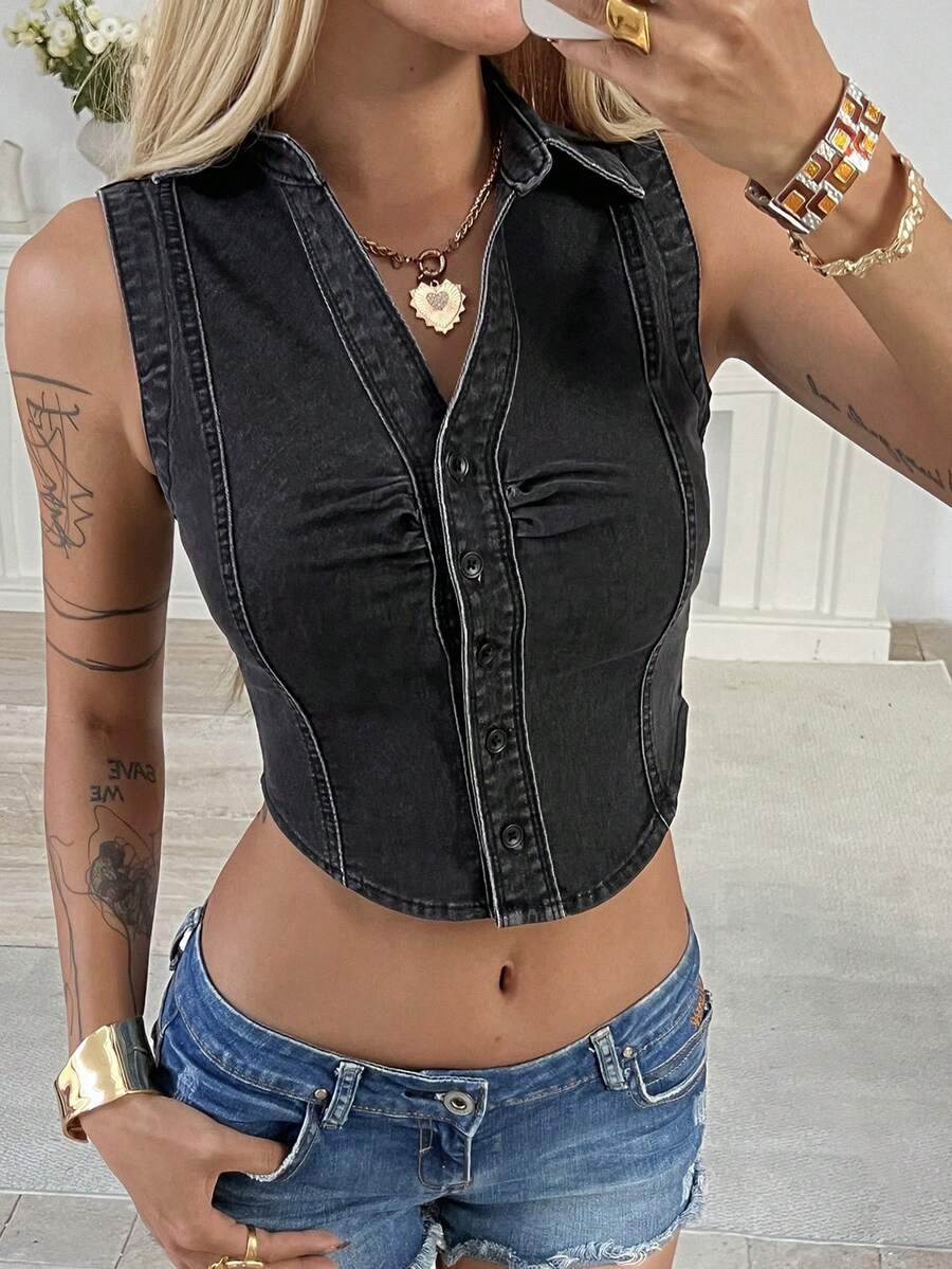 DAZY Áo khoác cardigan denim nữ không tay cổ bẻ, dáng ôm, phong cách thường ngày - màu đen - Xem 1